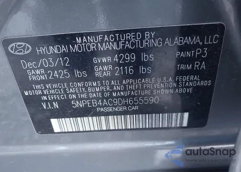 2013 Hyundai Sonata Gls z USA, uszkodzony, nr VIN 5NPEB4AC9DH655590